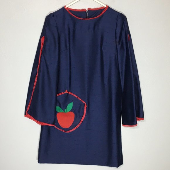 VIntage 60s Navy Mini Dress Angel Sleeves Apple Applique Pocket Hippie Mod Twee - Picture 1 of 16